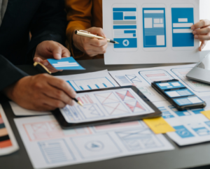 The image shows hands pointing at and discussing different mobile and tablet layout designs using printed sheets and a tablet, demonstrating the creation of a successful brand